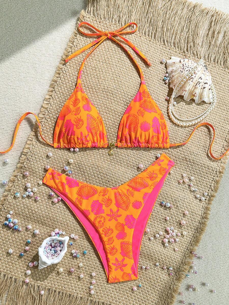 レディース 水着 ビキニセット 夏休み ランダムプリント ゴールデンシェル装飾 ホルターネック ビキニトップ&ハイカット水着 セク拍卖