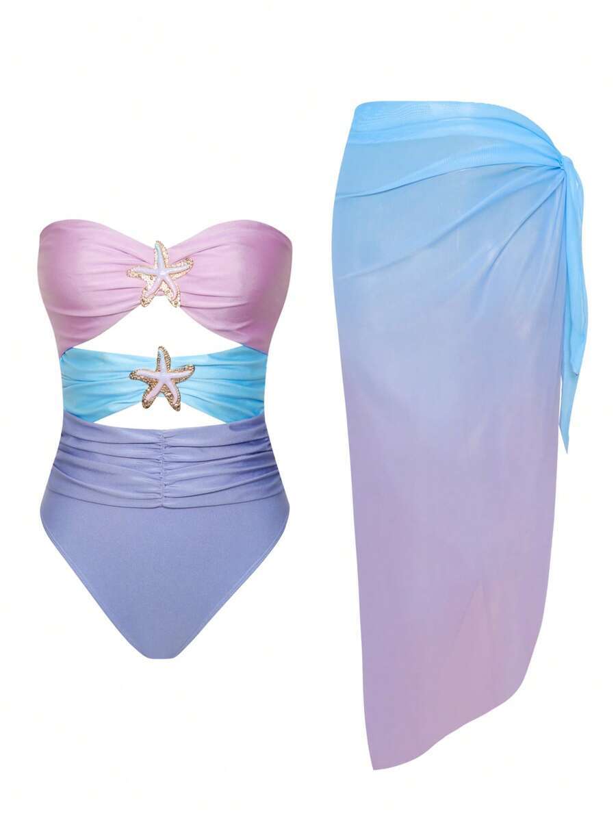 レディース 水着 ワンピース 女性用 セクシーカットアウトパッチワーク カラフルな海洋 メタル装飾ワンピース水着 グラデーション拍卖