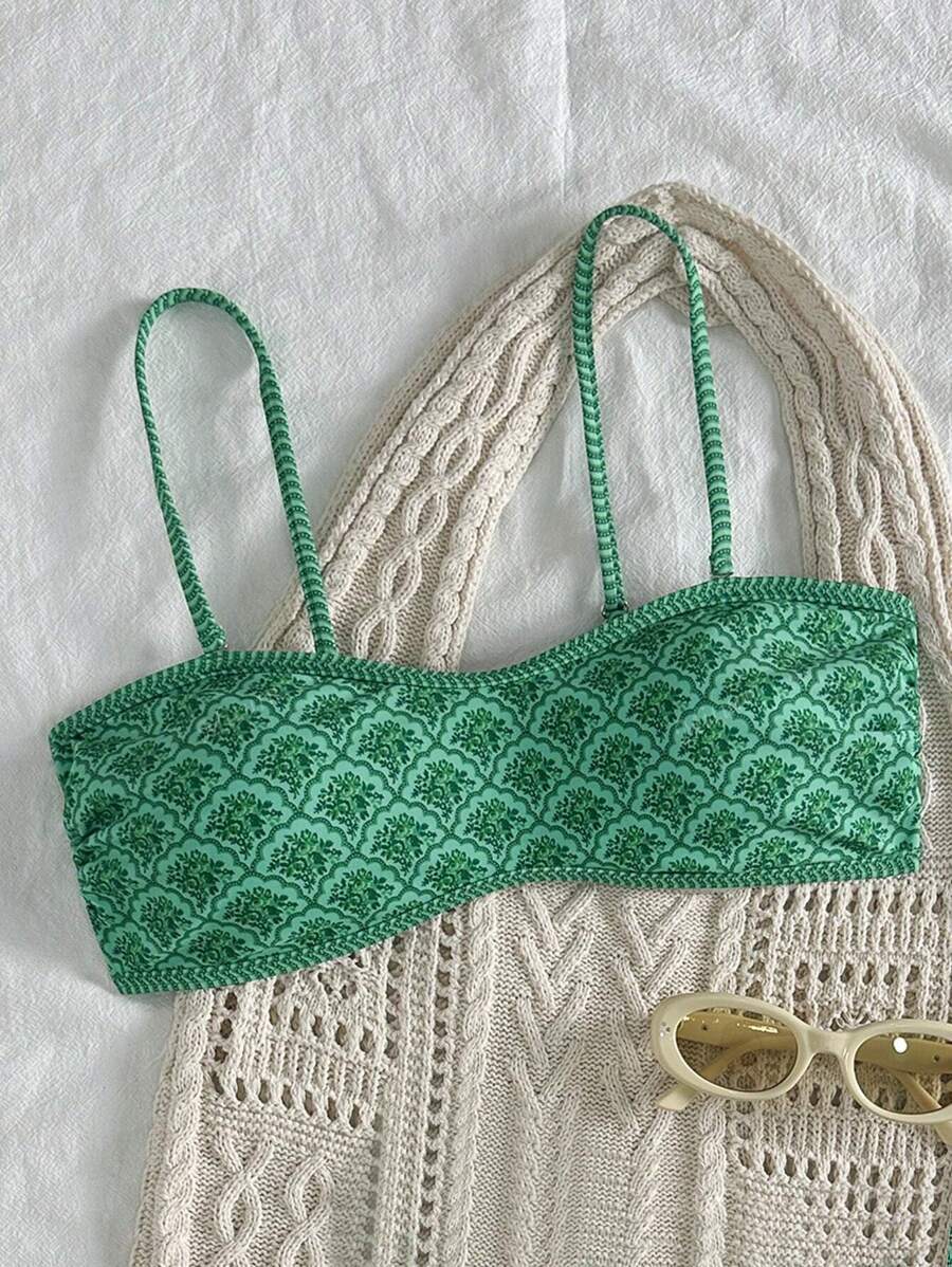 レディース 水着 トップス ボヘミアン風 ビキニトップ:コントラストトリミングクロップ水着、調節可能な細ストラップ、オールオーバー拍卖