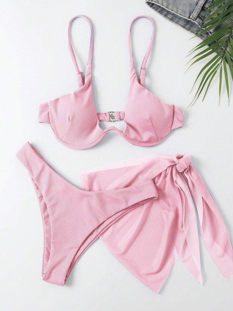 レディース 水着 ビキニセット 女性夏のビーチソリッドカラーセクシービキニセット カバーアップとサロンスカート、ワイヤー入り3点セ拍卖