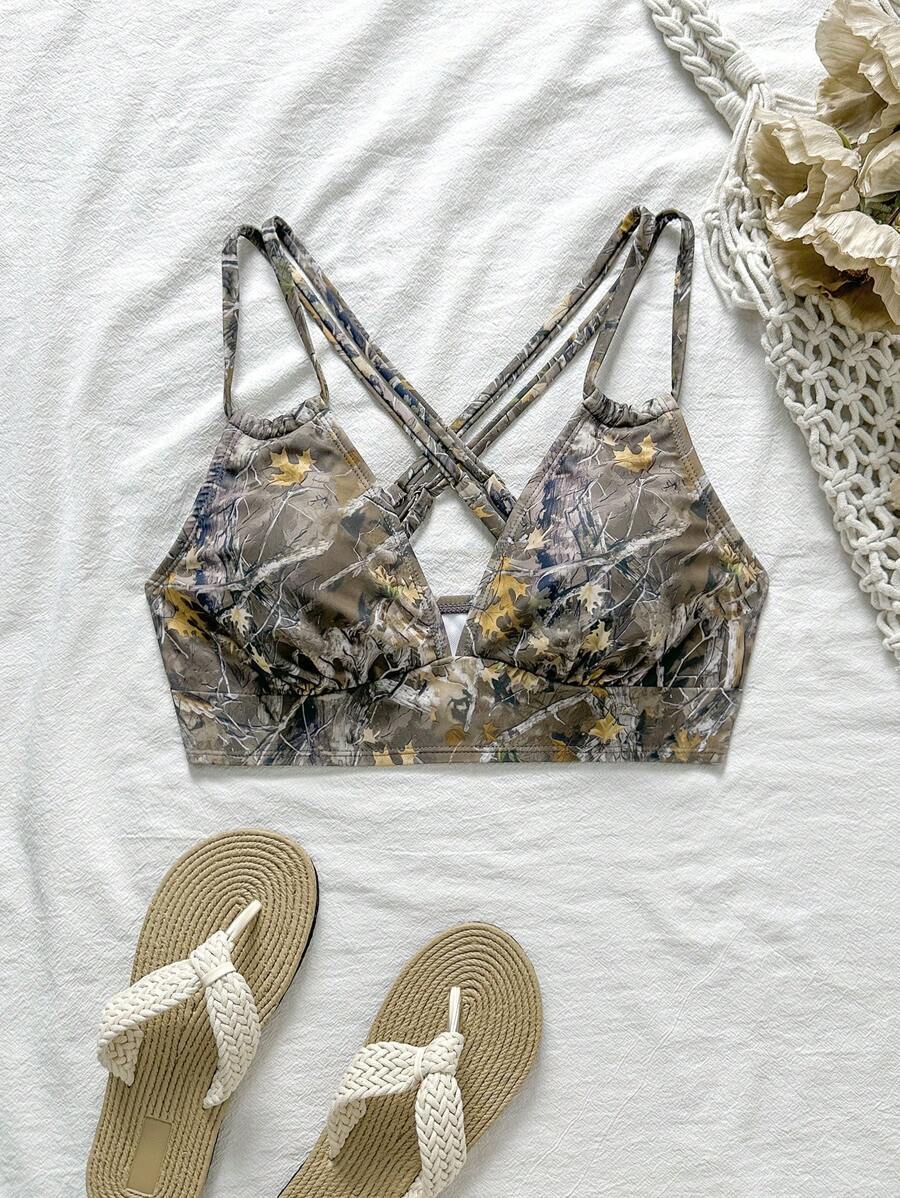 レディース 水着 トップス 三角ストラップ プリントスポーツビキニトップ拍卖