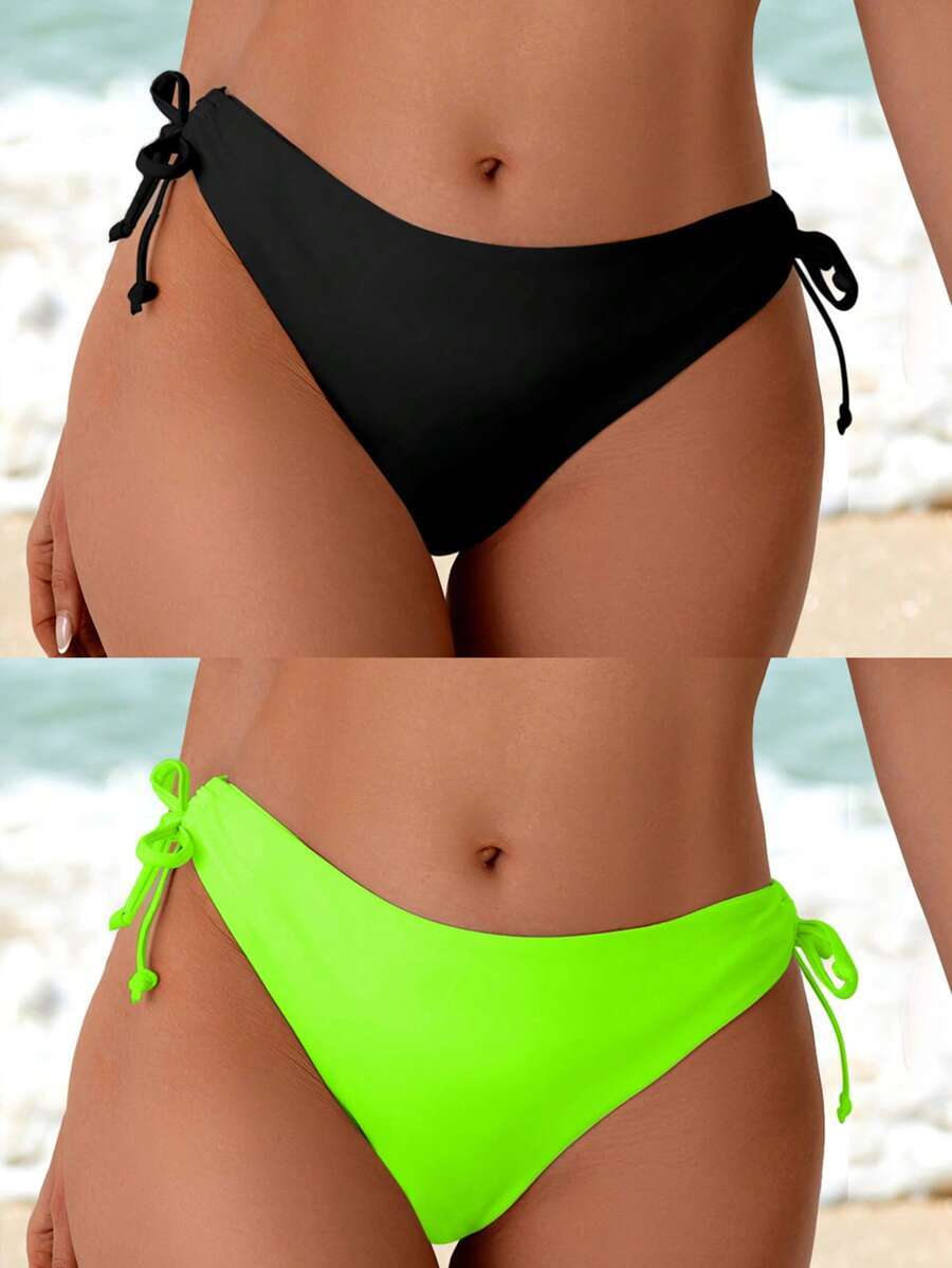 レディース 水着 ボトムス 2枚セット ウィメンズスイムウェア - ブラック&蛍光グリーン拍卖