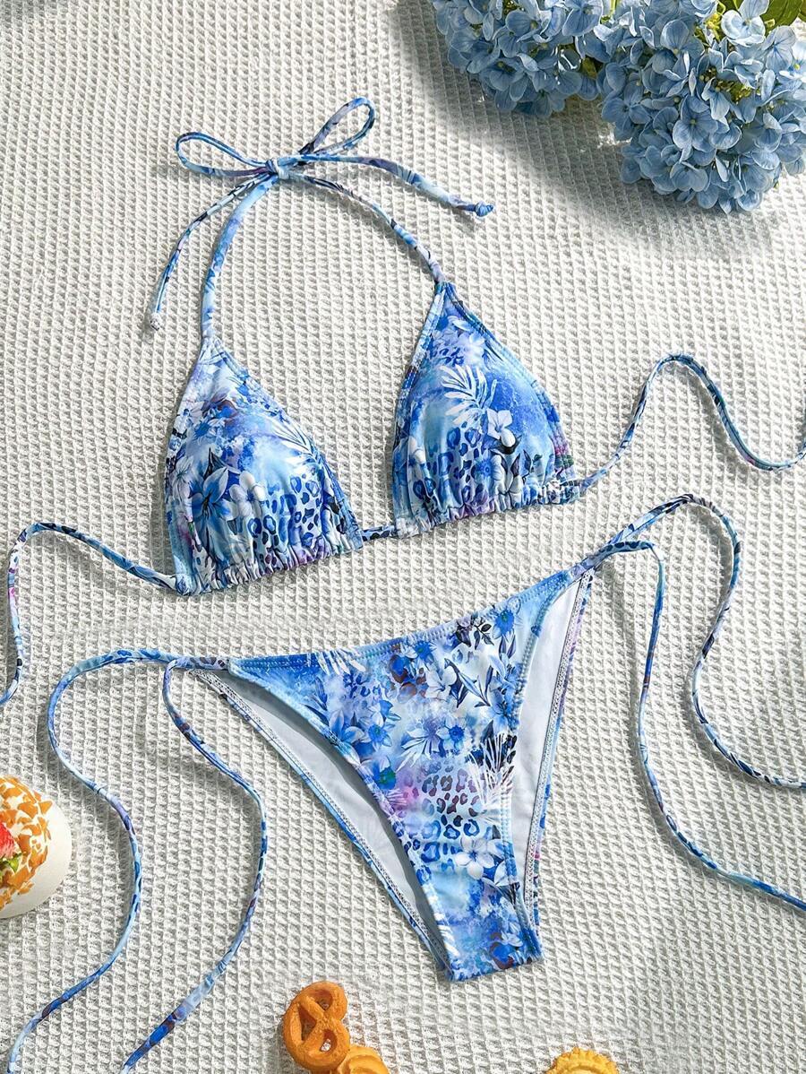 レディース 水着 ビキニセット 女性の夏休みビーチフラワープリントホルタービキニセット拍卖