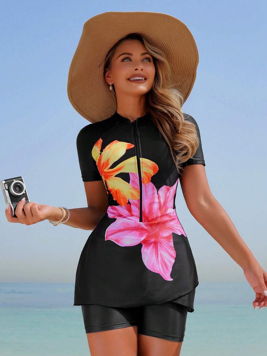 レディース 水着 ビキニセット レディース 2点セット モデストビーチウェア - プリント ジッパー クルーネック トップス と無拍卖