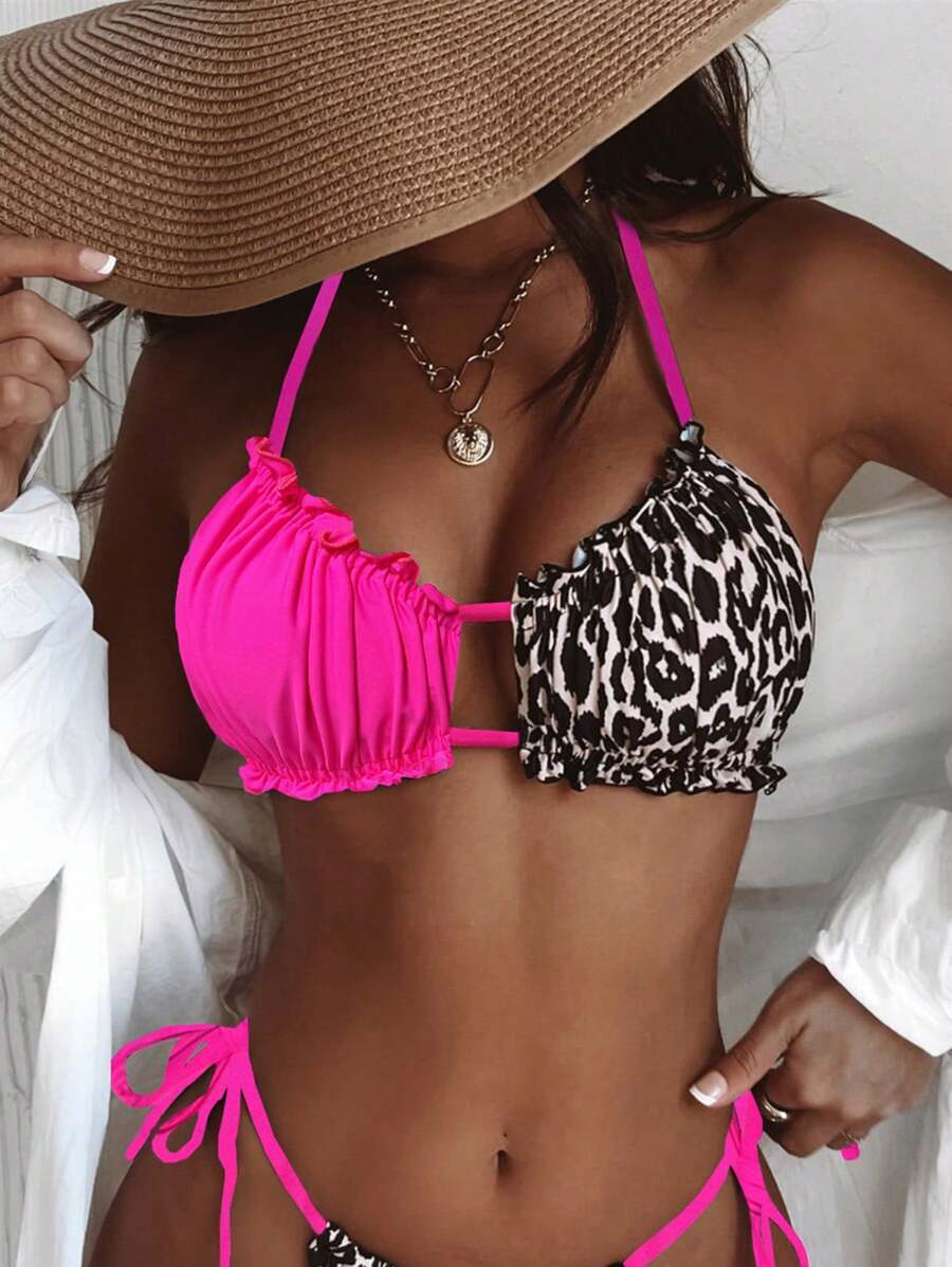 レディース 水着 トップス レオパード柄フリル付きホルターネック水着トップ拍卖