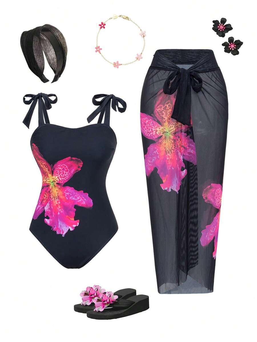 レディース 水着 ワンピース 女性用 夏 ビーチ バケーション フローラル プリントワンピース水着 カバーアップ付き拍卖