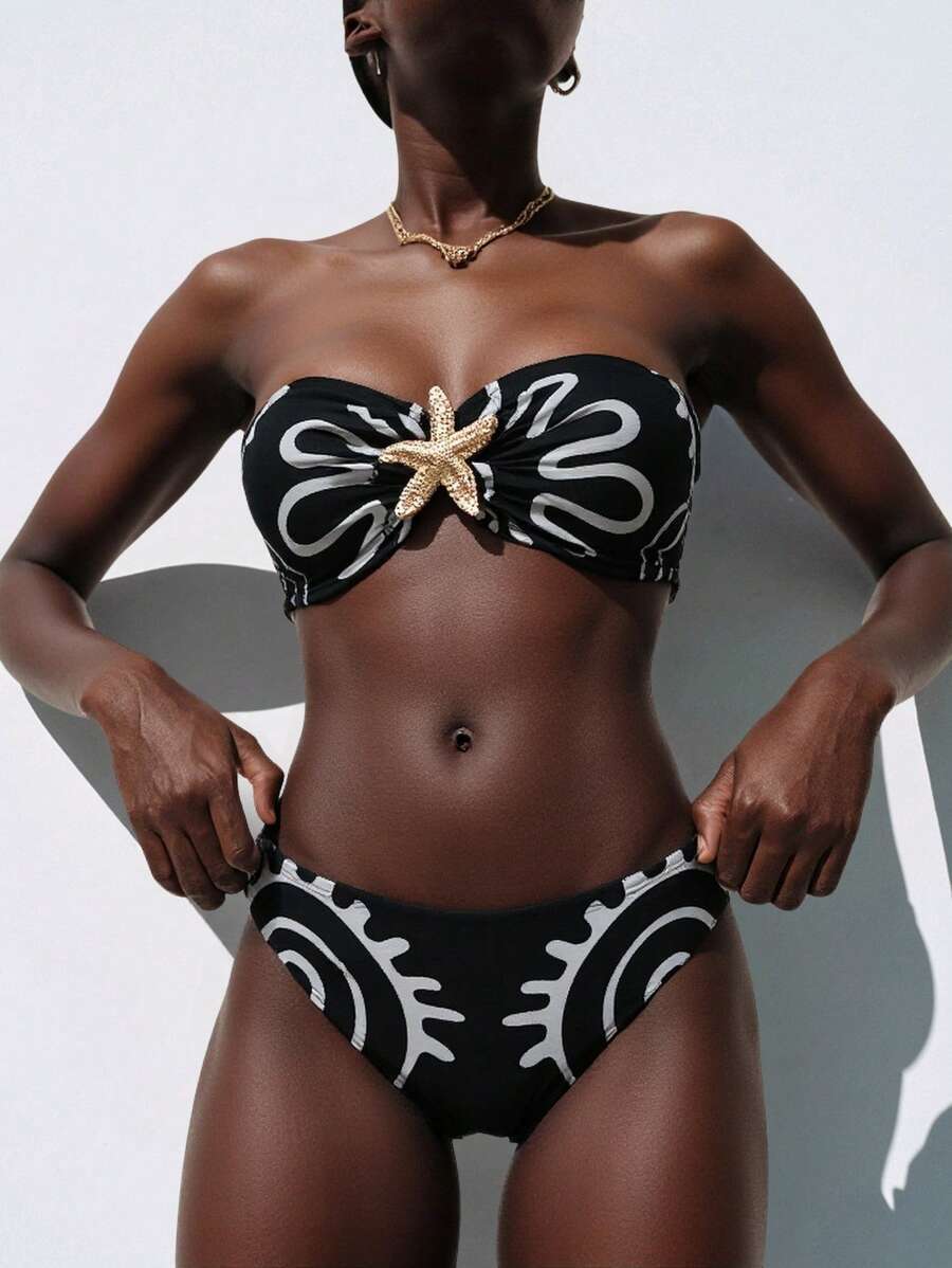 レディース 水着 ビキニセット 女性用サマービーチヒトデデコレーションセクシーストラップレスビキニ2点水着セット拍卖