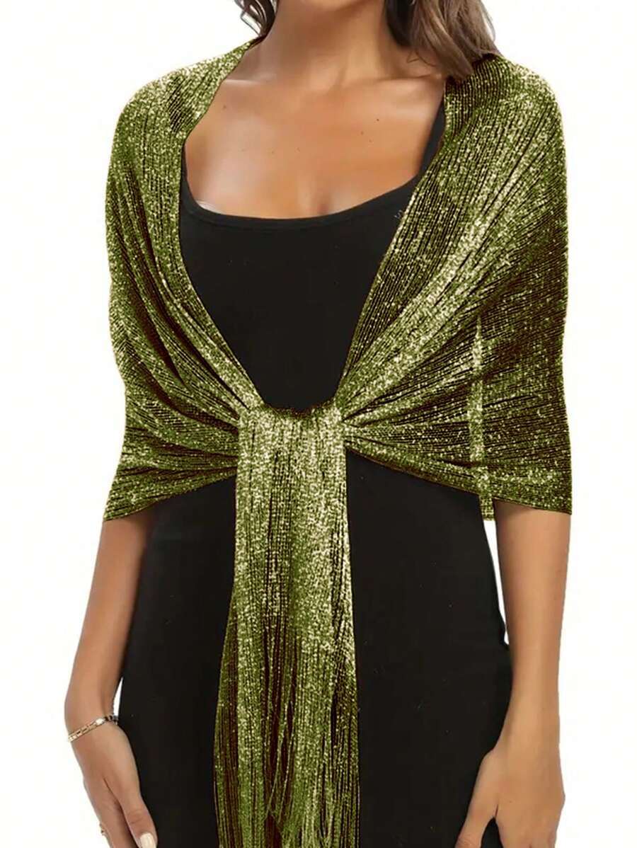 アクセサリー レディース スカーフ オリーブグリーン キラキラメタリック ショール 丸型バックル 優雅な通気性 フリンジ付きスカー拍卖