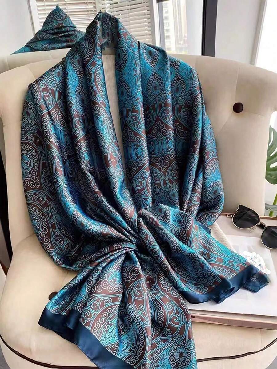 アクセサリー レディース スカーフ 1個 女性用ターコイズブルー プリント フェイクシルク スカーフ ヘッドウェア ネック 保温拍卖