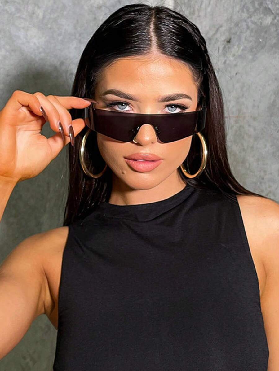 アクセサリー レディース アイアクセサリー 1個 女性用未来的なリムレス一体型レンズY2Kスタイルのメガネ、ミュージックフェスティ拍卖