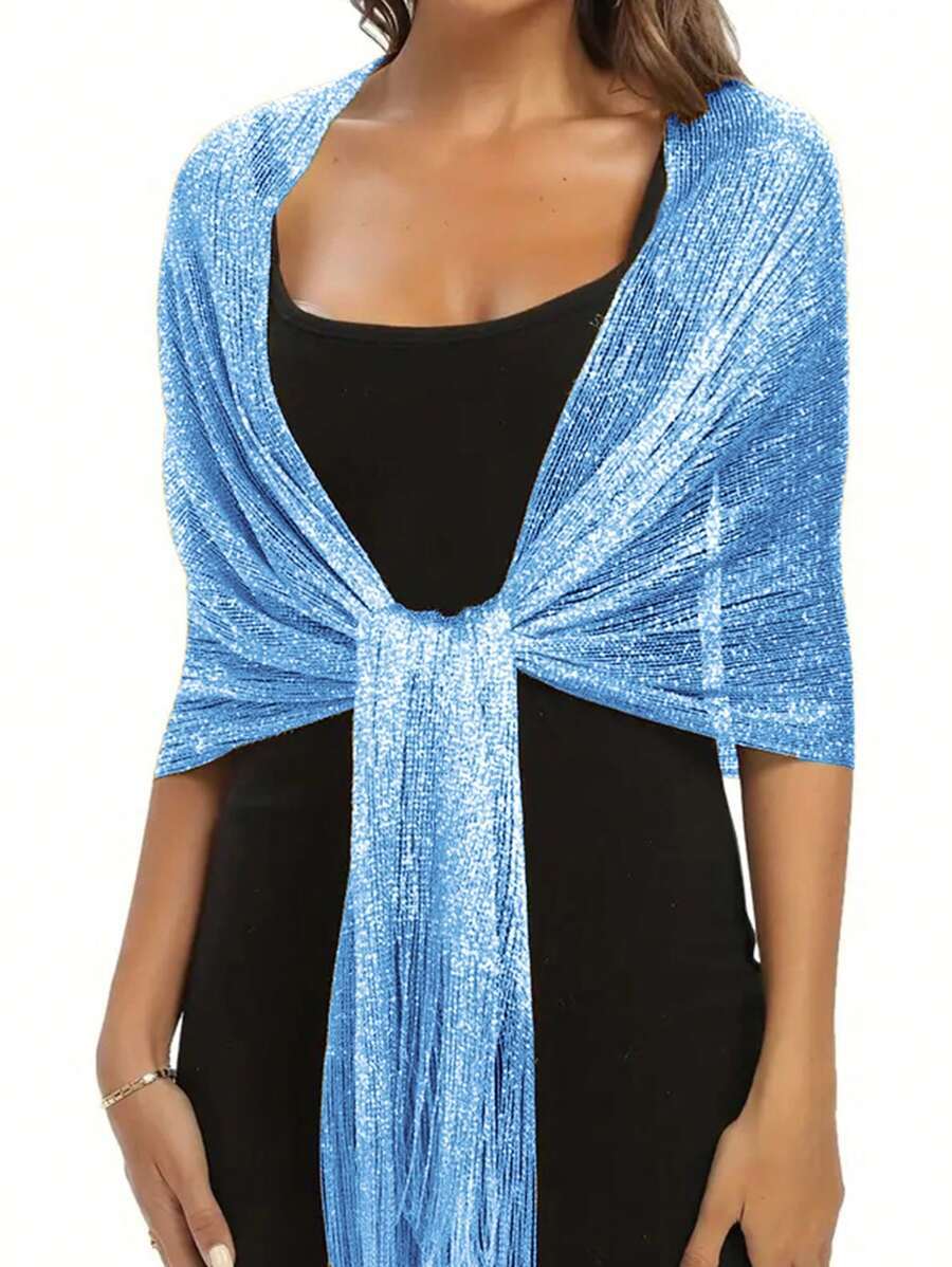 アクセサリー レディース スカーフ ライトブルー ラメ入り メタリック ショール エレガントで薄手の通気性のあるタッセルスカーフ拍卖