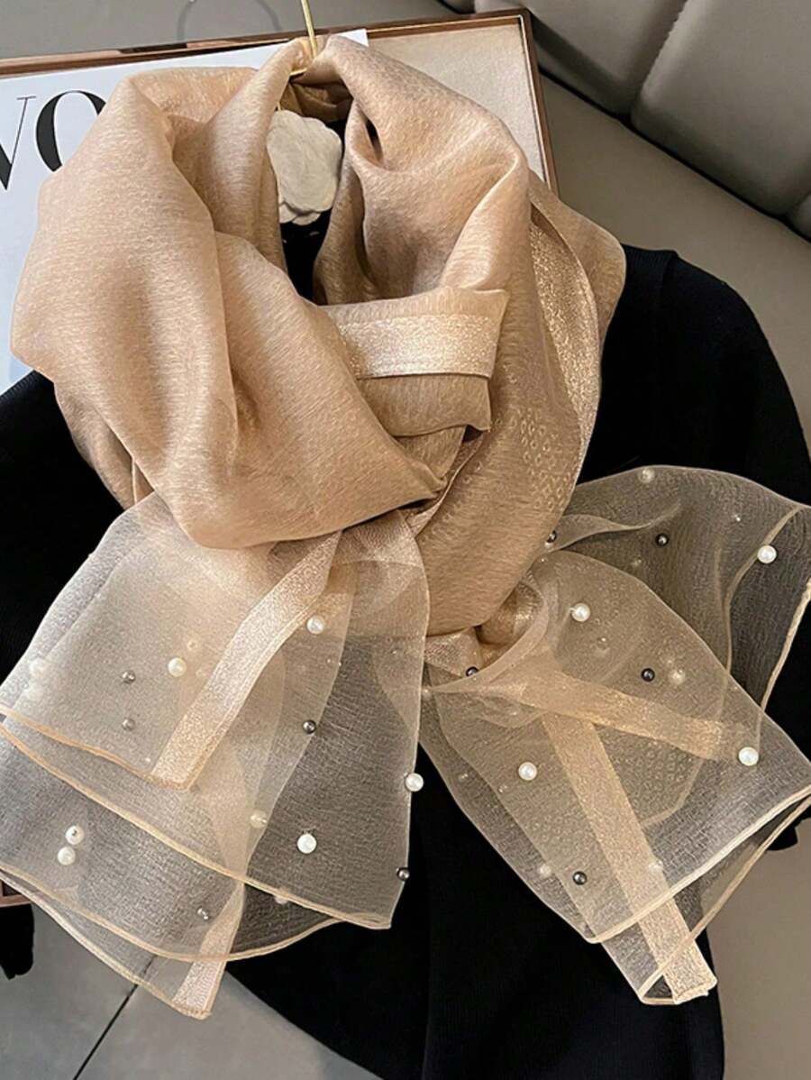 アクセサリー レディース スカーフ 1個 フォーマル シルク調 & 模造真珠付き スカーフ、多目的 ショール/ヘッドラップ レディ拍卖