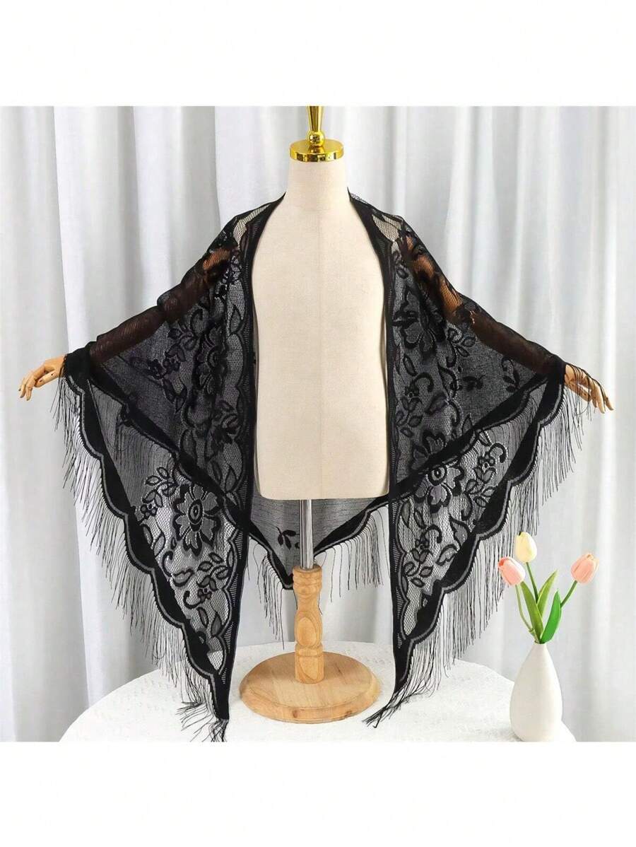 アクセサリー レディース スカーフ 1個 女性用新作レースタッセルショールスカーフ、軽量通気性無地三角スカーフヘッドラップ、ウェデ拍卖
