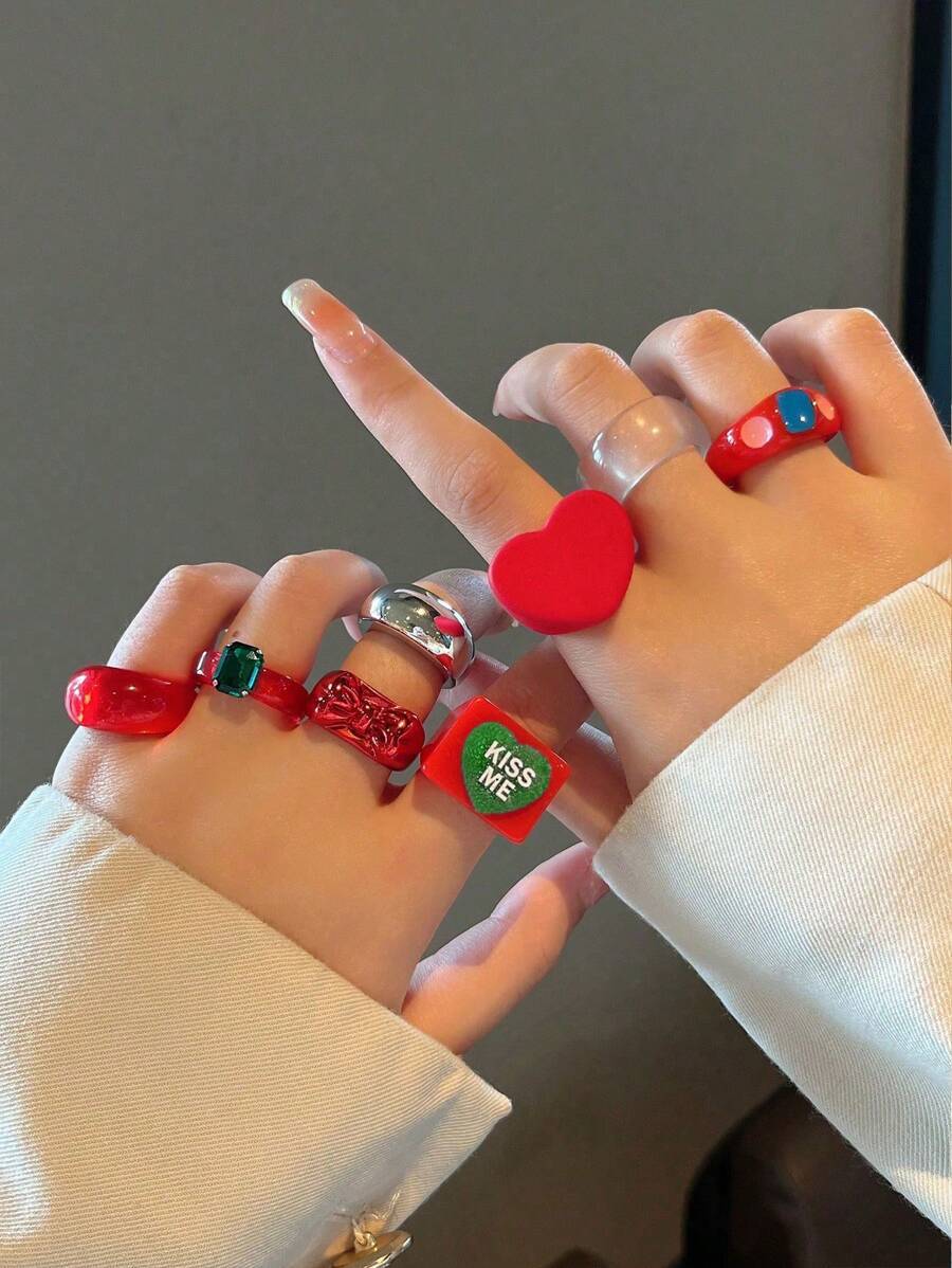 リング レディース セット ポリレジン 女性用 ファッションリング 8個セット、ハート型とスクエア型、クリスタルアクセント付き、パ拍卖