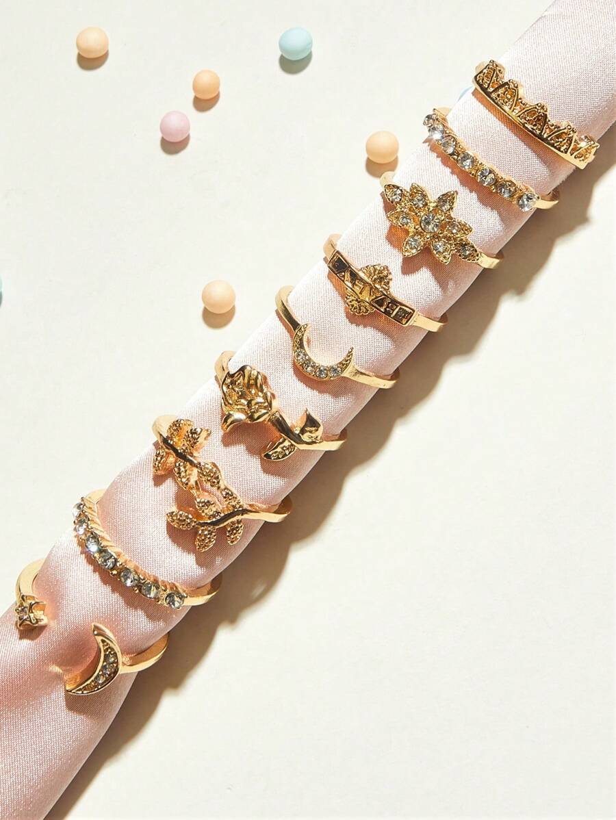 リング レディース セット 9個 リングセット、月モチーフ ラインストーン付き、ファッショナブルなデザイン、デイリー使いやギフトに拍卖