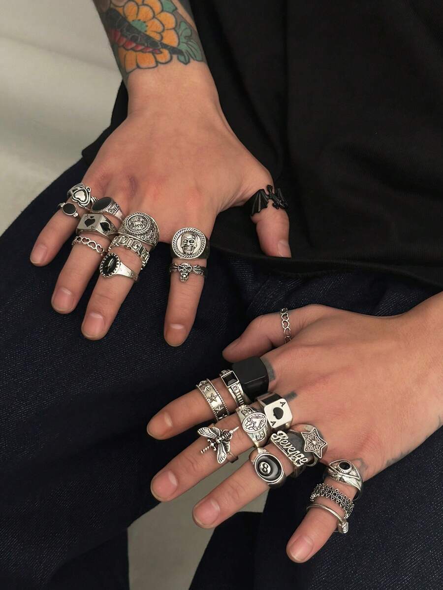 リング メンズ セット ストリートパンクスタイル スカル&レター柄リングセット 24個入り、メンズ カジュアル デイリー アクセサ拍卖