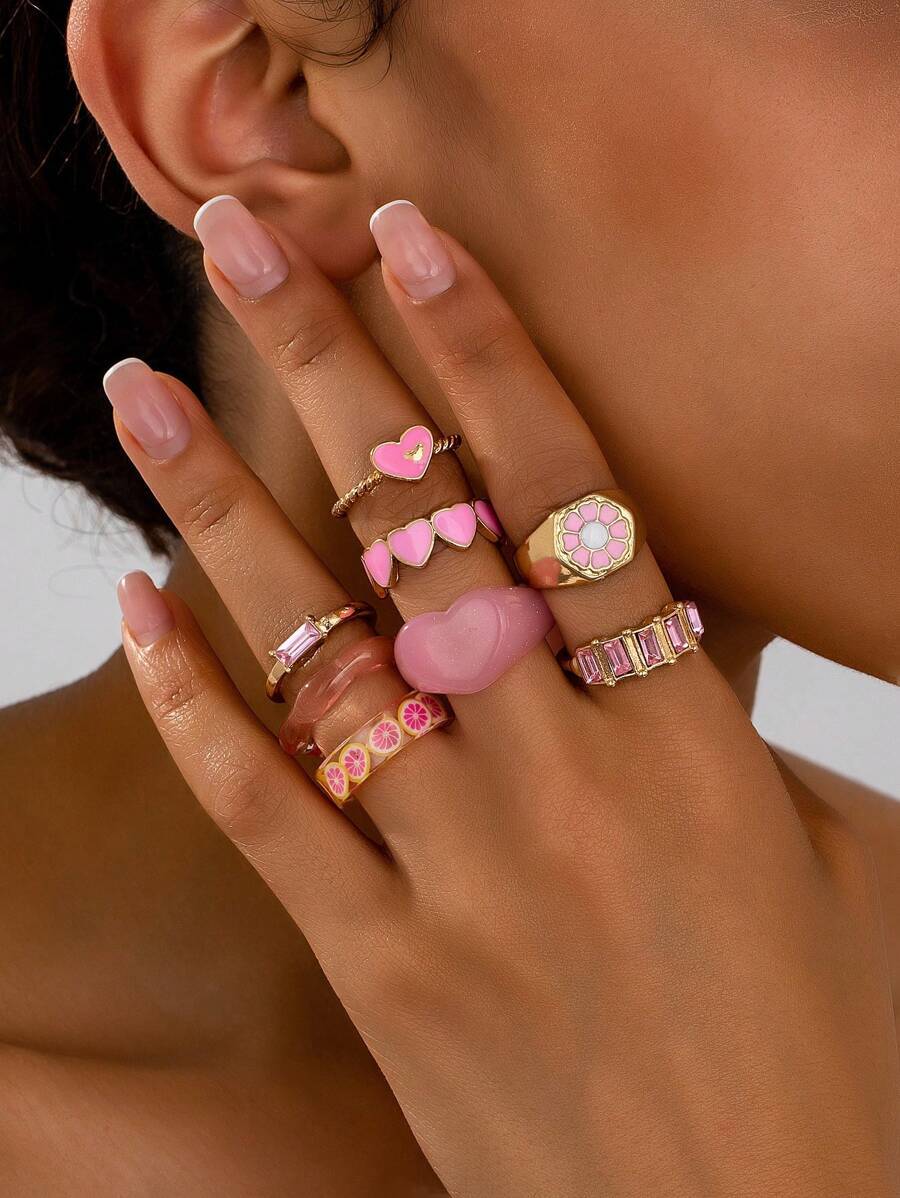 リング レディース セット 8個セット エレガントなグレープフルーツダイヤモンドハート装飾リング、デイリー、パーティー、休日の女性拍卖