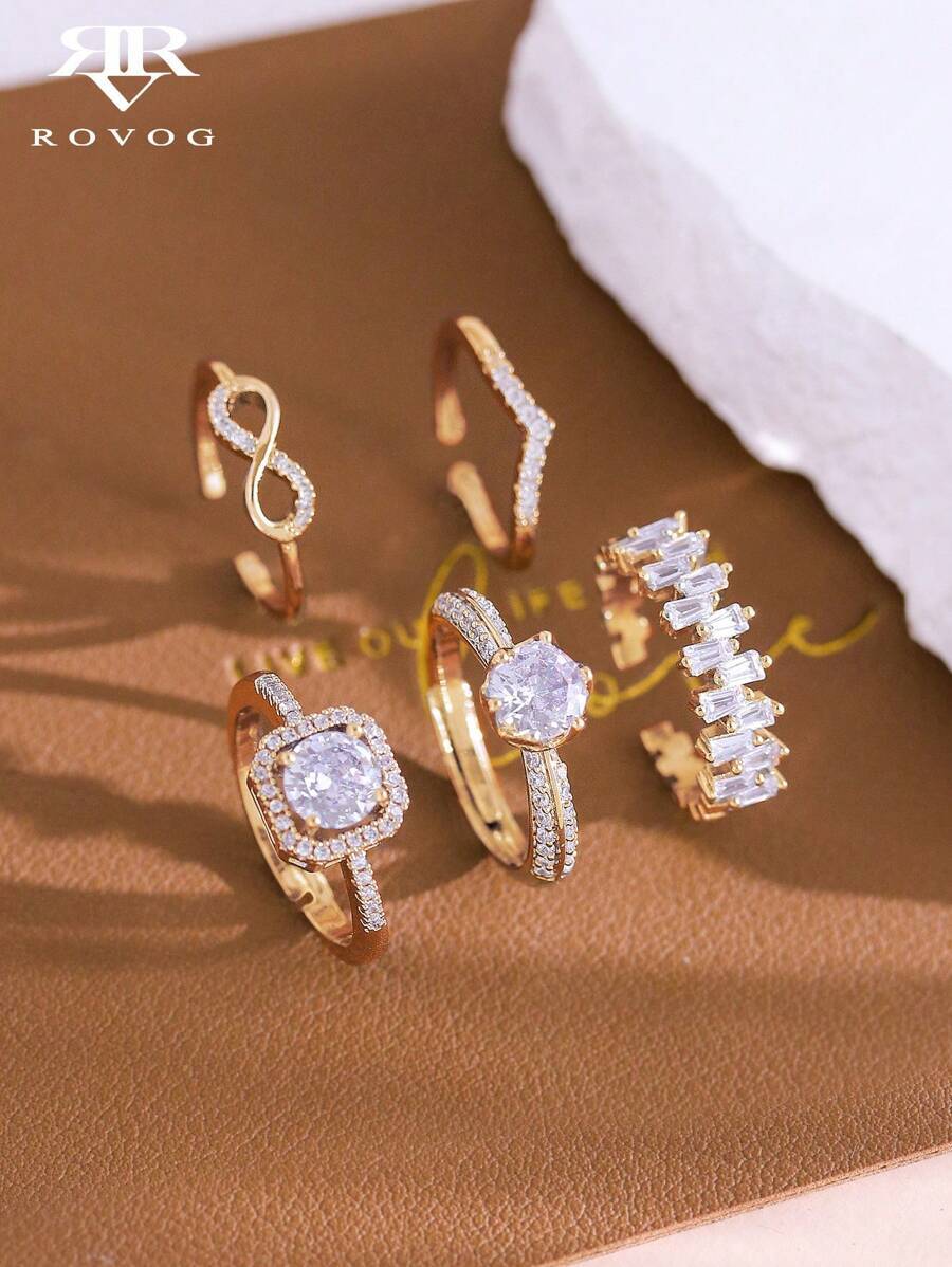 リング レディース セット 5個セット エレガントジオメトリックジルコニアストーンリングセット、洗練された贅沢な女性の婚礼パーティ拍卖