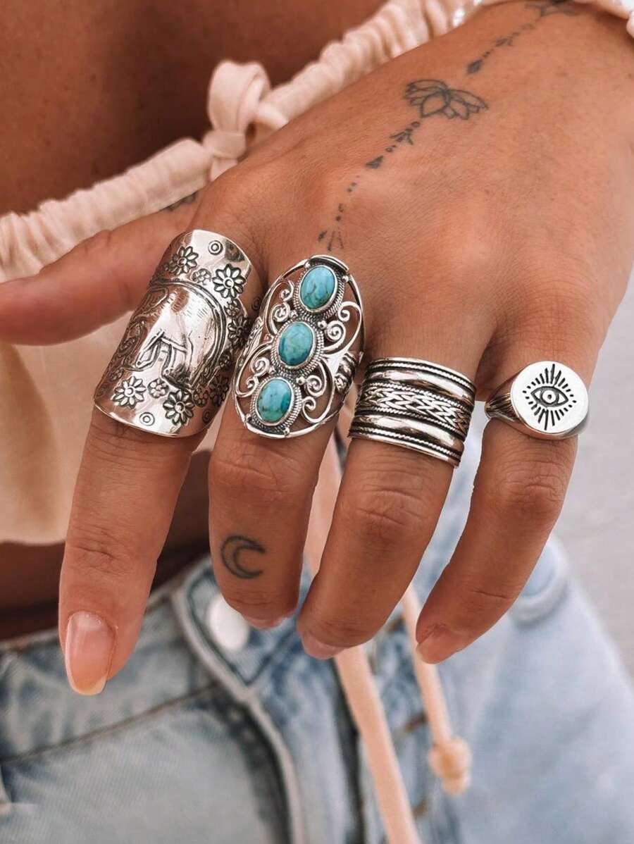 リング レディース セット ボヘミアン風ヴィンテージシルバー象とターコイズ インレイ ワイドリング 4個セット トーテムアイデザイ拍卖