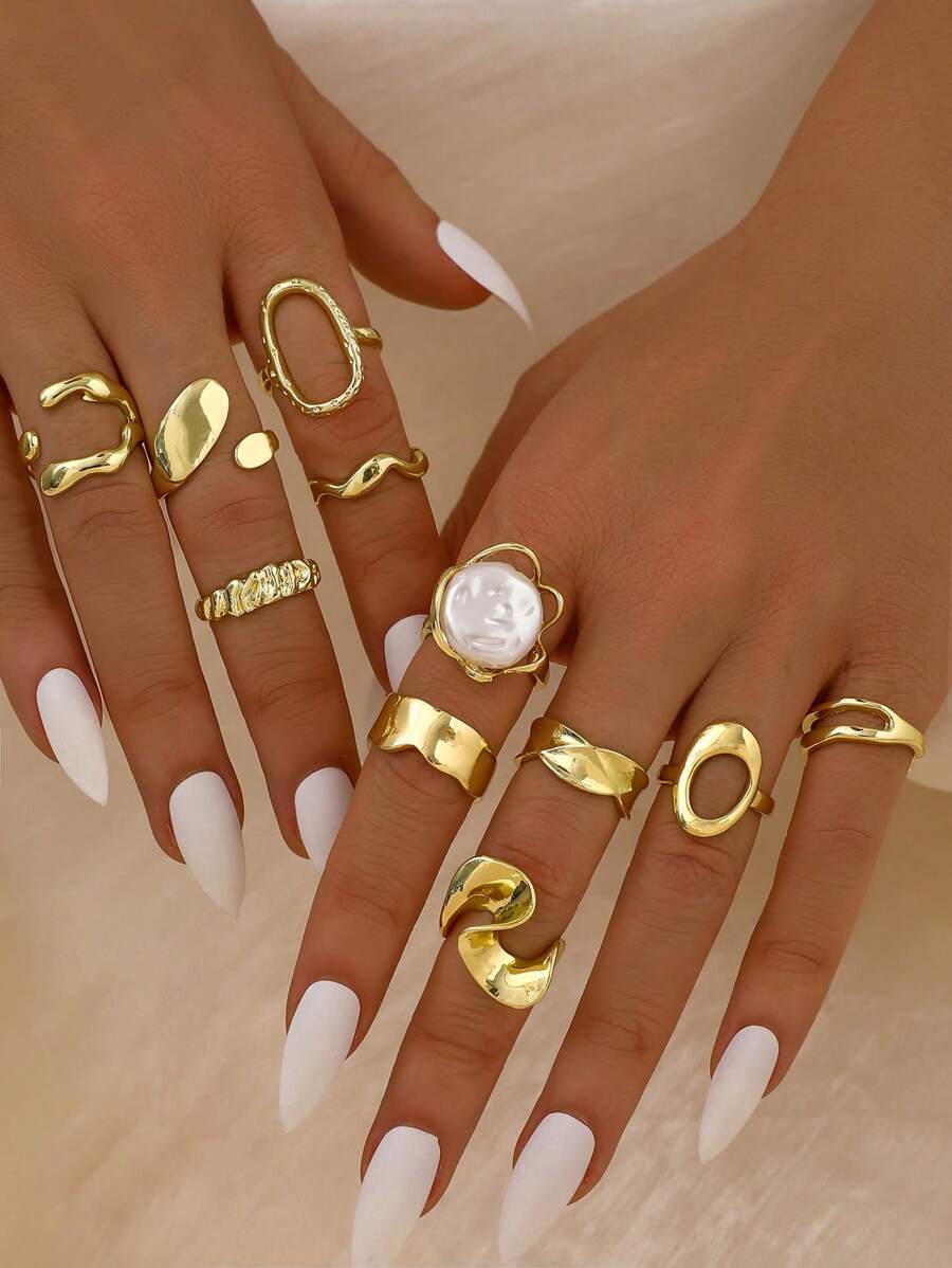 リング レディース セット 11個セット バロック調フェイクパール スタッカブルリング、ファッショナブルで多様な女性用マルチリング拍卖