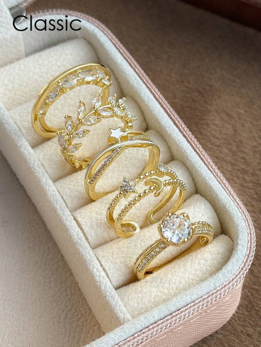 リング レディース セット 星&月 デザイン 合成立方ジルコニア 豪華 リーフクリスクロスリング5個セット、ファッショナブルで、パ拍卖