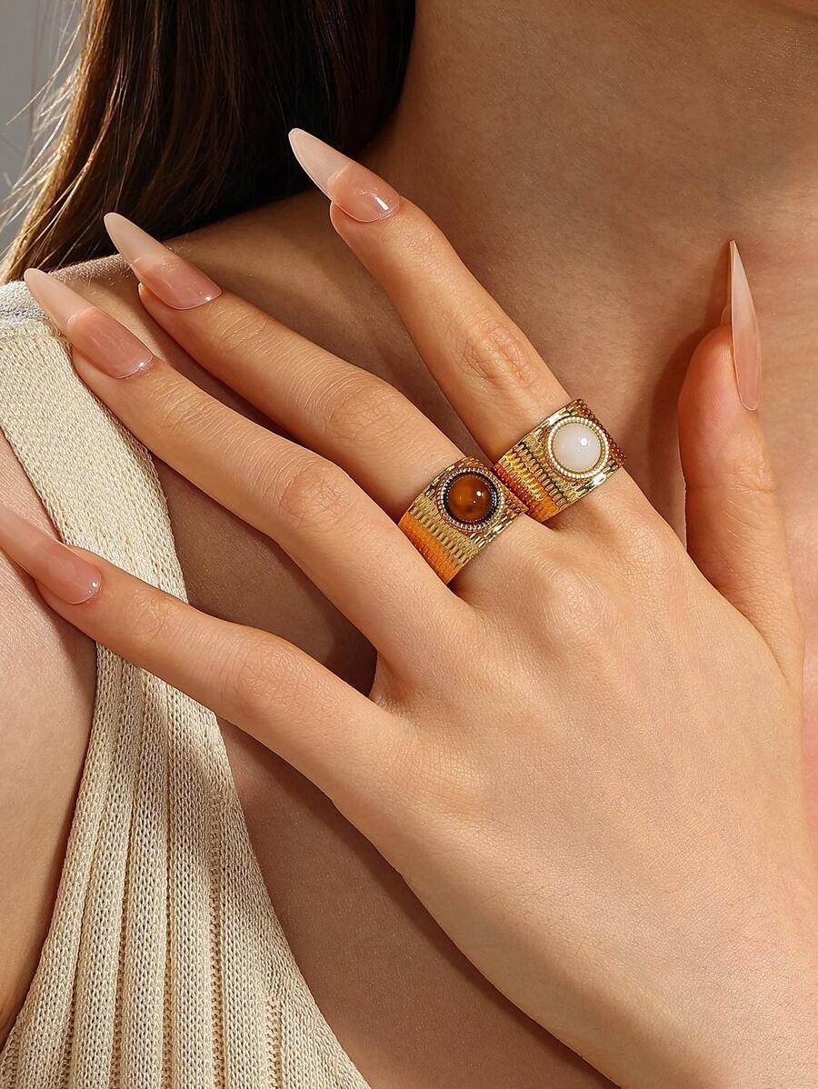 リング レディース セット 2個 ステンレス製 ゴールデンオープンリング 白タイガーアイストーン宝石インレイ、女性用、マッチング又拍卖