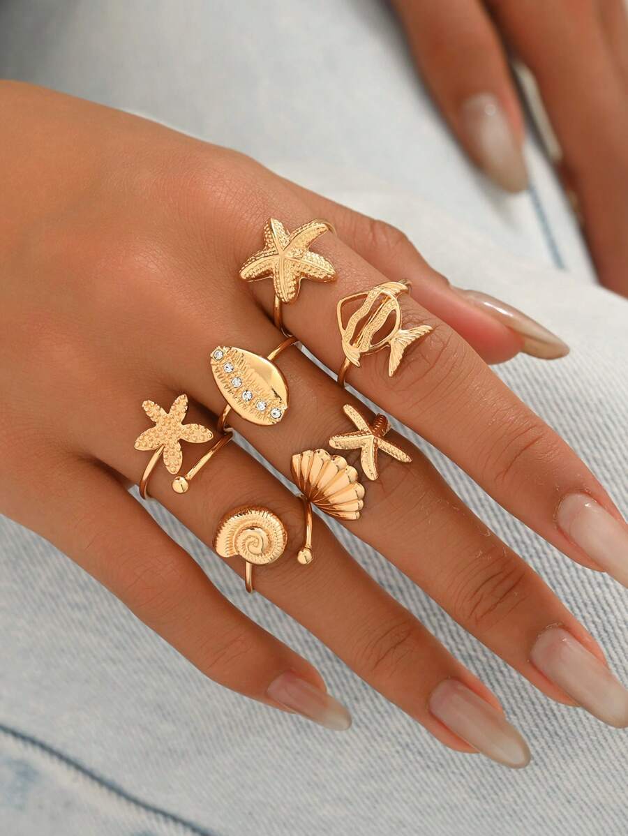 リング レディース セット 6個セット ボヘミアンスタイル メタルオーシャンリングセット レディース用、スターフィッシュ、貝殻、魚拍卖