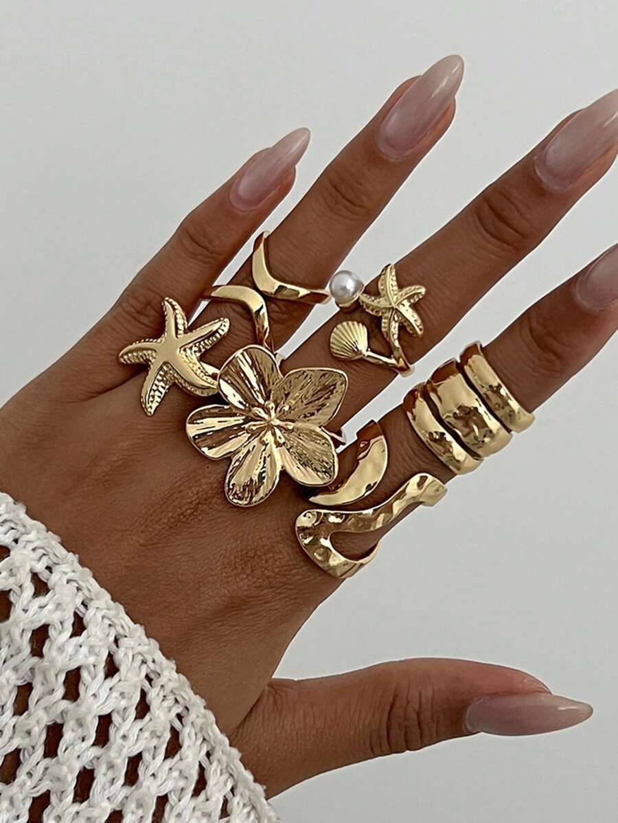 リング レディース セット オーシャンフローラル パール 非対称液体ラインメタルオープンリング 6個セット、ビンテージ スターフィ拍卖