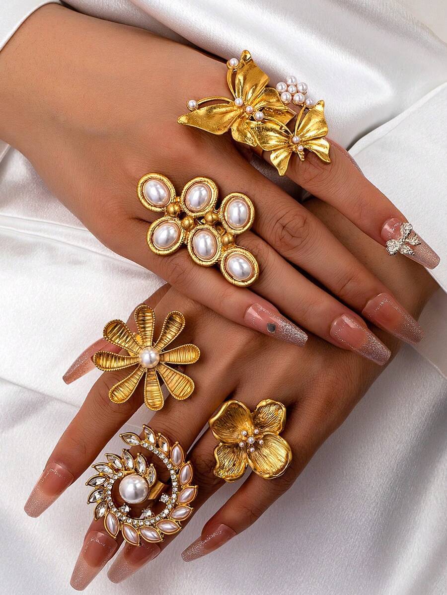 リング レディース セット 5個入り ゴールド色 花モチーフ ステートメントリングセット レディース フェイクパール装飾 フローラ拍卖