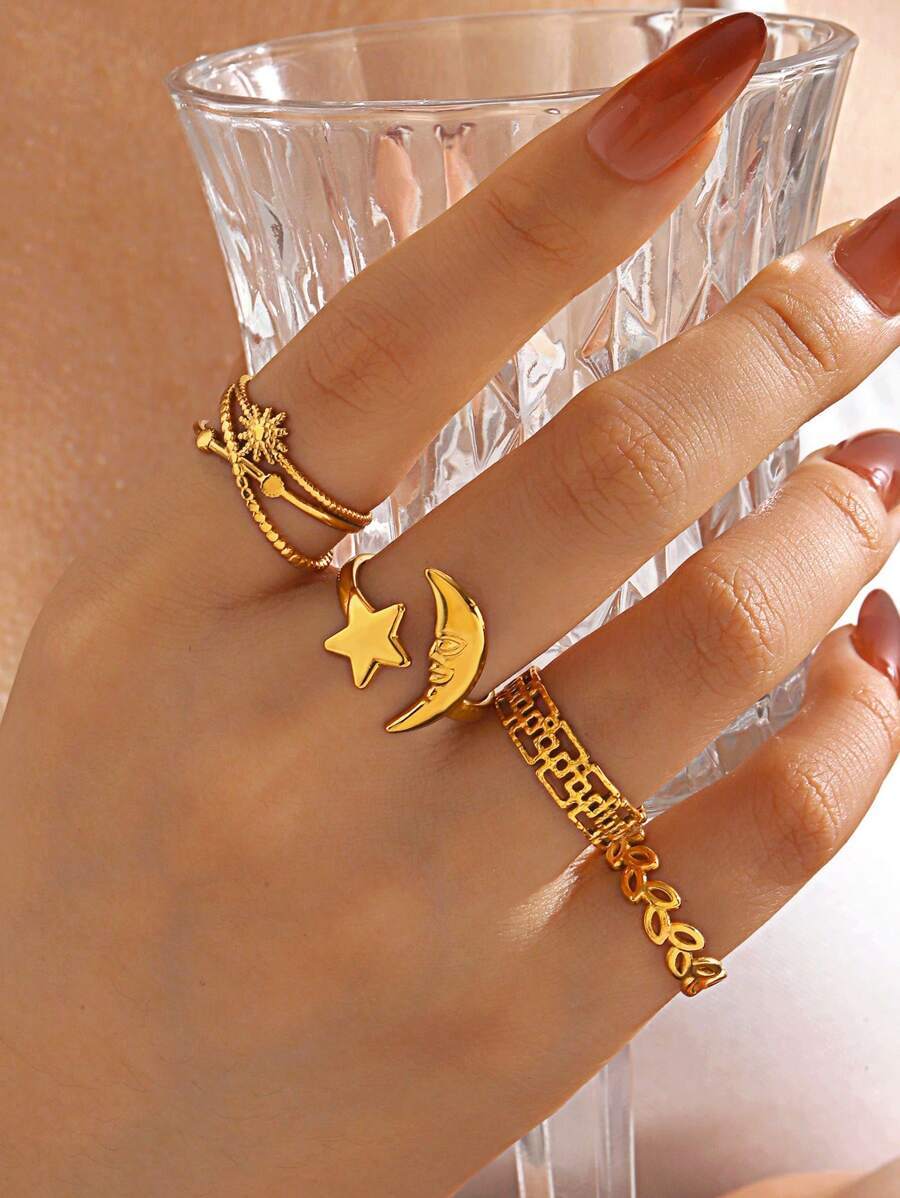 リング レディース セット ステンレス鋼 18Kゴールドメッキ ファッショナブルな星&太陽オープンリングセット 4個組、女性の日常拍卖