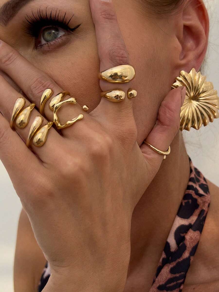 リング レディース セット 6個セット ファッションメタリックリキッドラバーリングセット、ドロップ&エンブレースデザインのプチリン拍卖