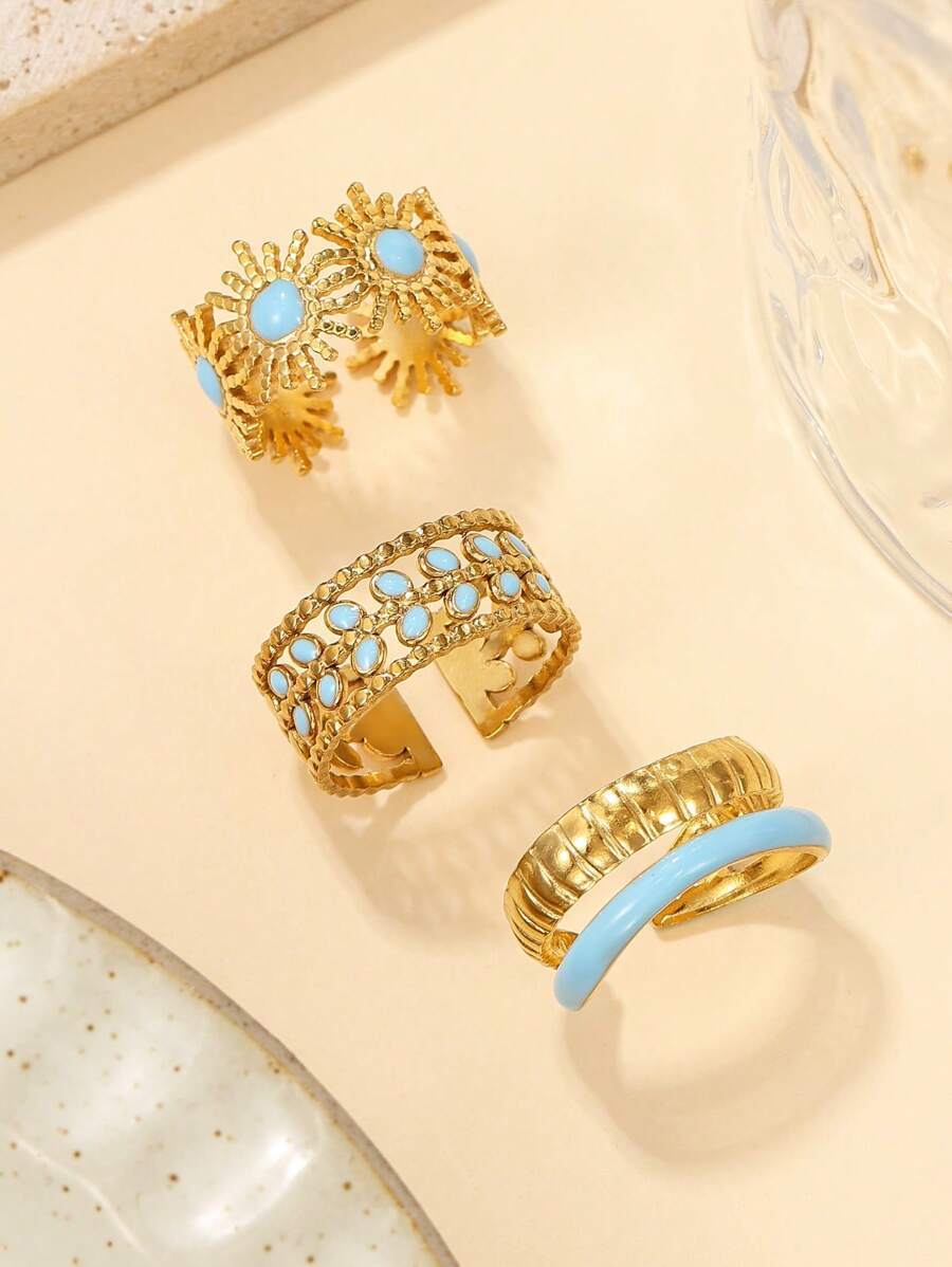 リング レディース セット ミニマリスト ステンレススチール ライトブルー オイルドロップ リング 3個セット、女性の日常的な着用拍卖