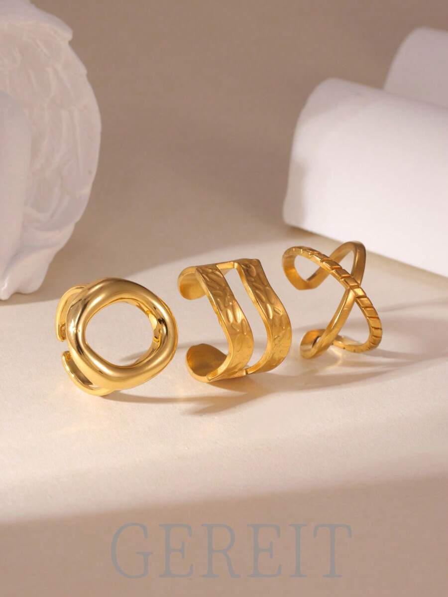 リング レディース セット 3個セット 18Kステンレス鋼 二層 中空 ラウンドオープンリング、女性の日常着用に適しています拍卖