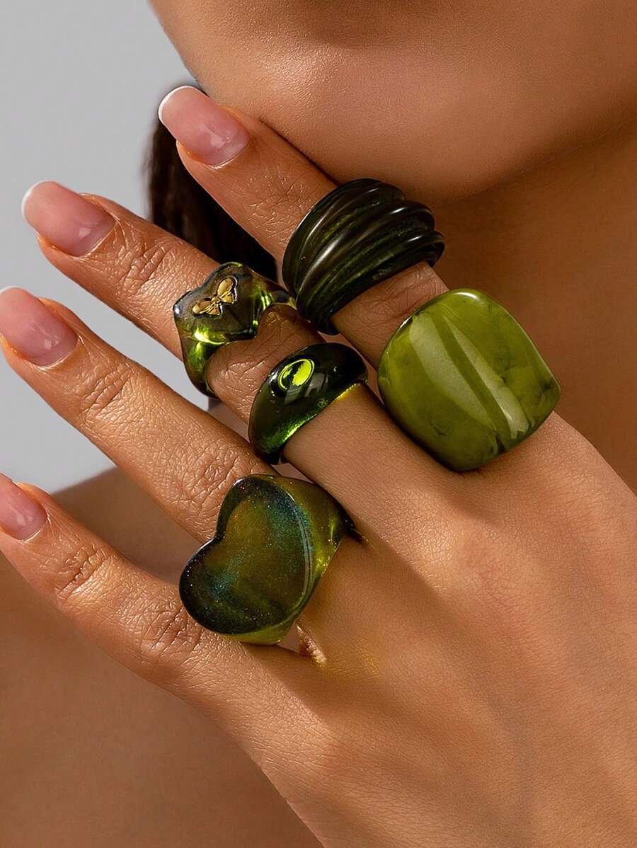 リング レディース セット 5個セット ユニークなハート&リボンのワイドバンドリングセット、エレガントな自然をイメージしたドパミン拍卖