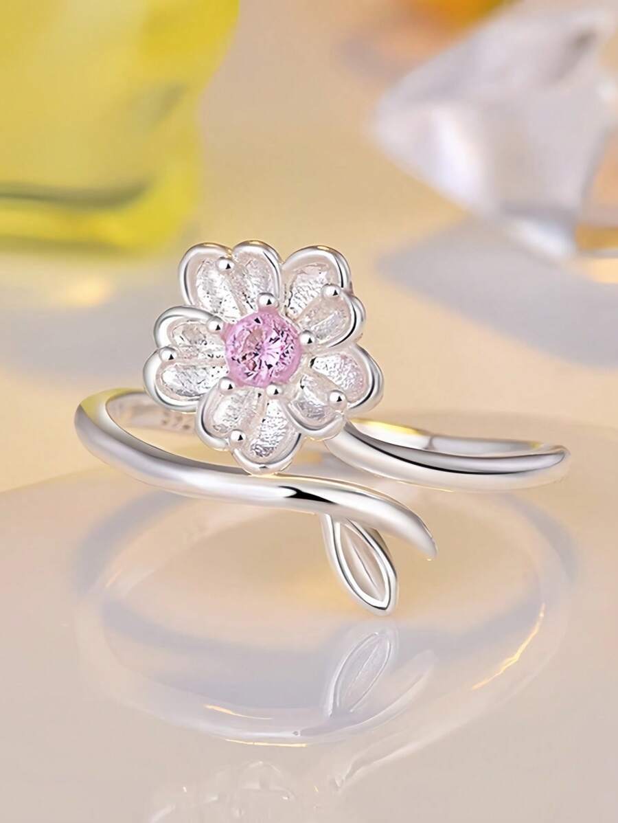 リング レディース シングル 1個 S925スターリングシルバー桜の花リング レディース、繊細なミニマリストフローラルデザイン、学拍卖