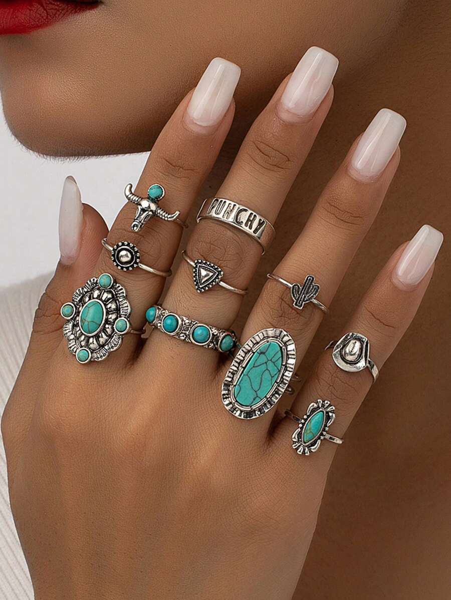 リング レディース セット 10個 ウェスタンスタイル ターコイズストーンデコレーション スタックリングセット レディース 誕生日拍卖