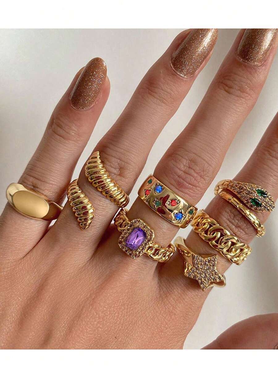 リング レディース セット 7個セット フレンチスタイル カラフル ジェムストーン スター型スネークリング、メタル製誇張オープンリ拍卖