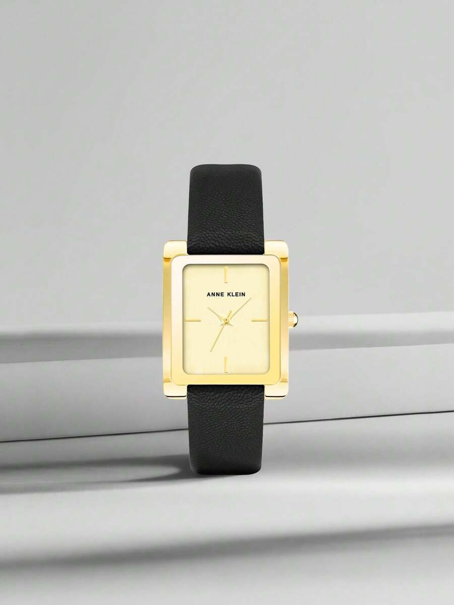 腕時計 レディース クォーツ レディース ゴールドトーン長方形ケース腕時計 ブラックレザーストラップ クォーツ時計 エレガントカジ拍卖