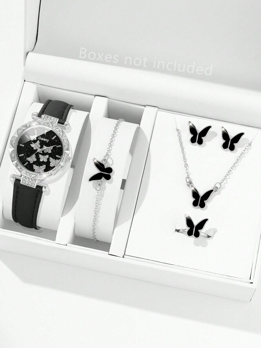 腕時計 レディース セット 6点セット レディース 腕時計 ラグジュアリークォーツ時計とバタフライピアス、リング、ブレスレット、ネ拍卖