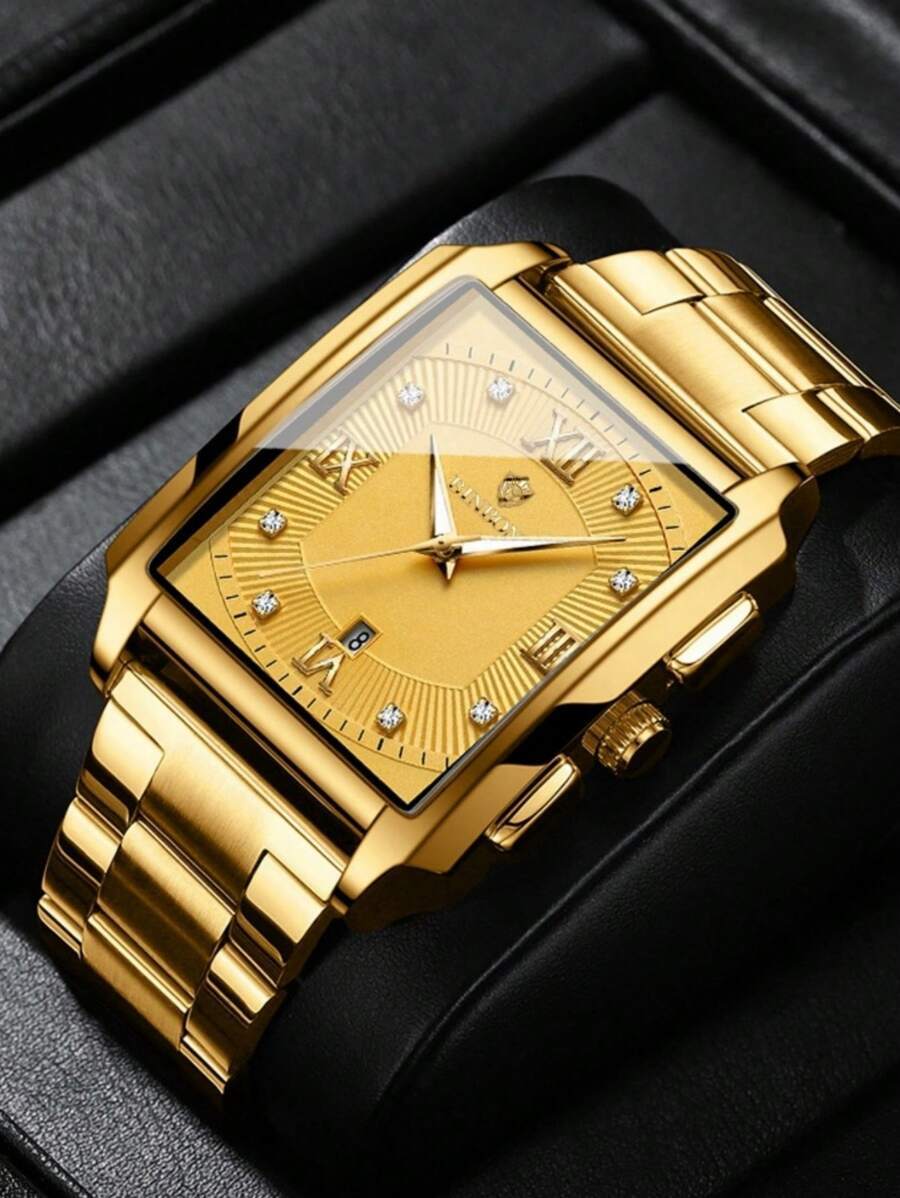 腕時計 メンズ クォーツ メンズ腕時計 ゴールド スクエアダイヤル 50m防水 316ステンレススチール ルミナス 日本製クォーツ拍卖