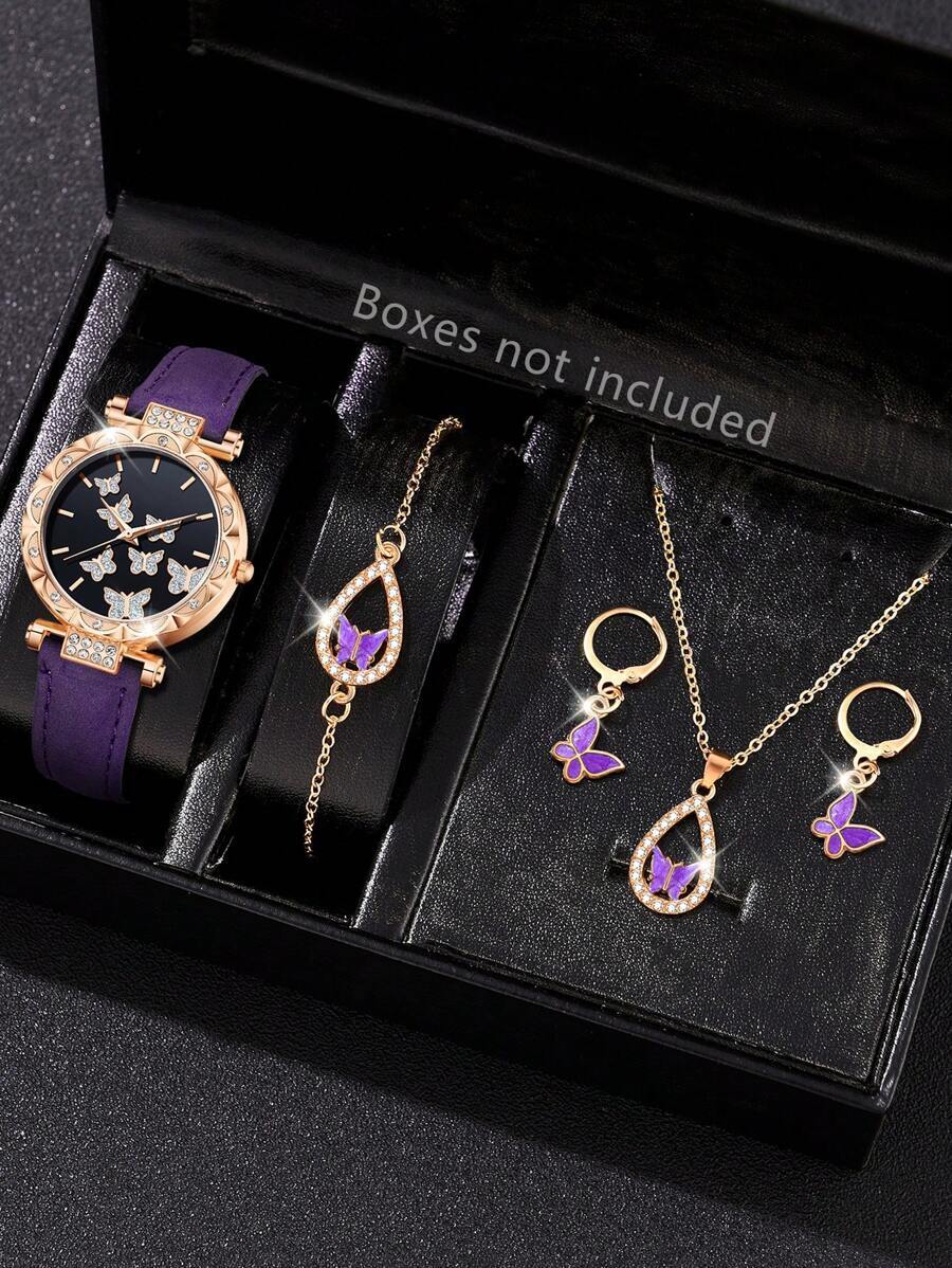 腕時計 レディース セット 女性用パープルストラップ ファッショナブルでシンプルなバースケール バタフライダイヤル クォーツ時計拍卖