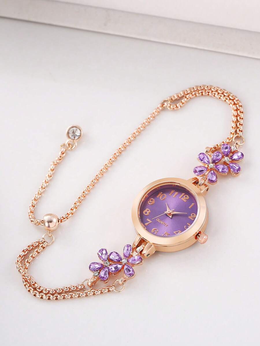 腕時計 レディース クォーツ 1個 女性用エレガントクォーツ腕時計、紫の花びら ラインストーン装飾引き出しチェーン、アラビア数字ク拍卖