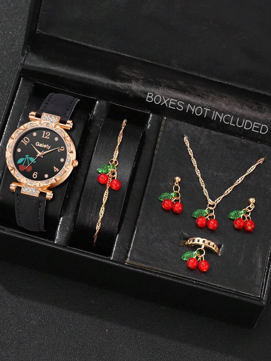 腕時計 レディース セット 6個セット ブラックPUレザーバンド レディース腕時計、ファッション シンプル フルーツモチーフクォー拍卖