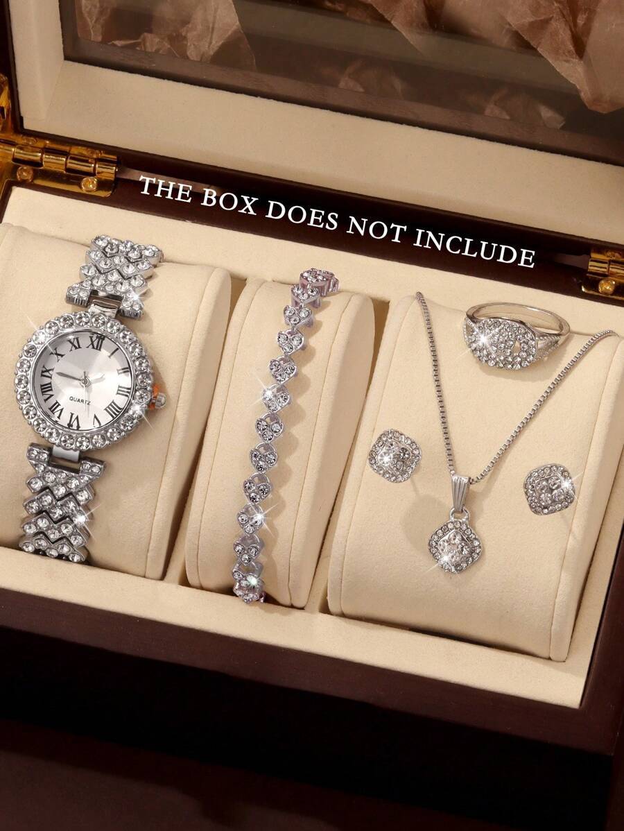 腕時計 レディース セット 女性用クォーツ腕時計6点セット(ブレスレット、ネックレス、リング、ピアス)、丸型ダイヤル、スケールのな拍卖