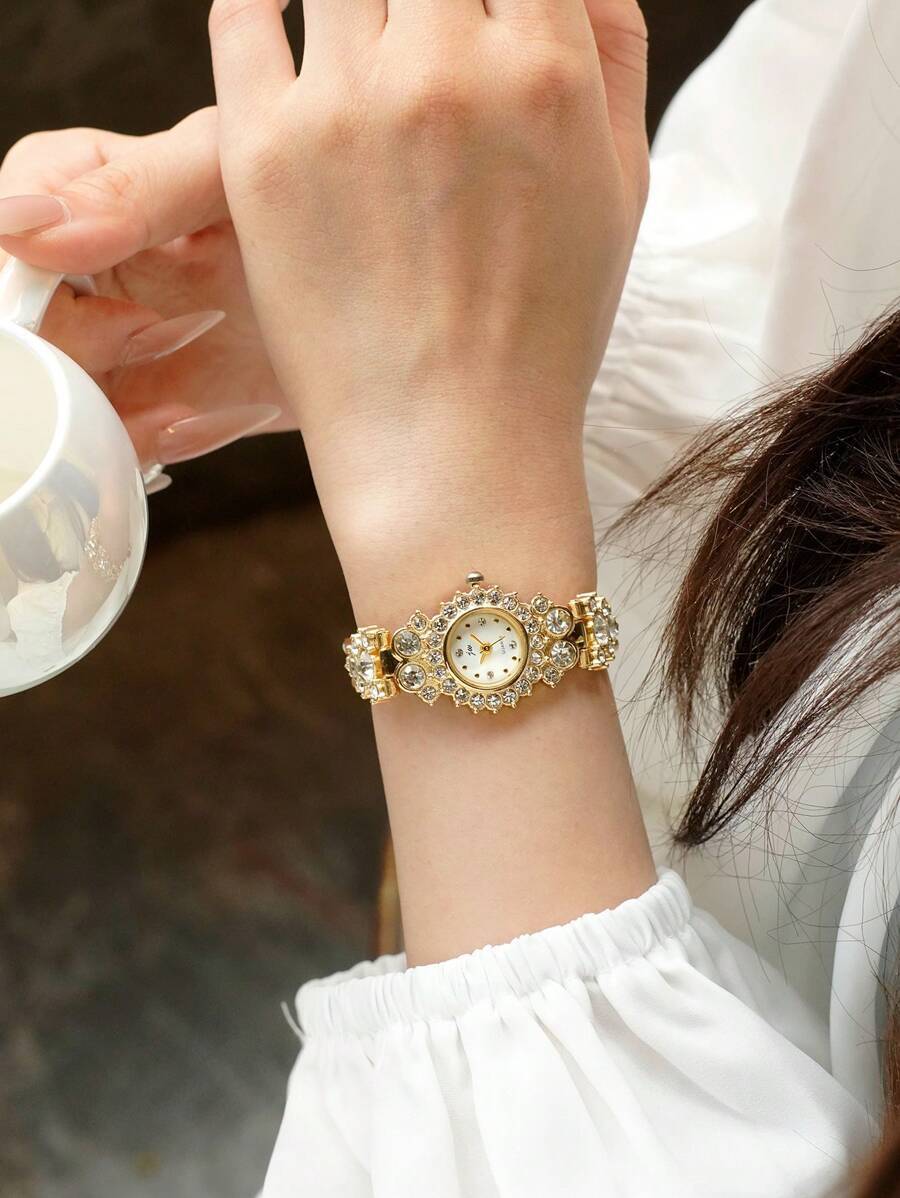 腕時計 レディース クォーツ 1個 シンプルゴールドメッキ ブレスレットウォッチ、繊細な丸型ダイヤル、スタイリッシュなゴールドの針拍卖