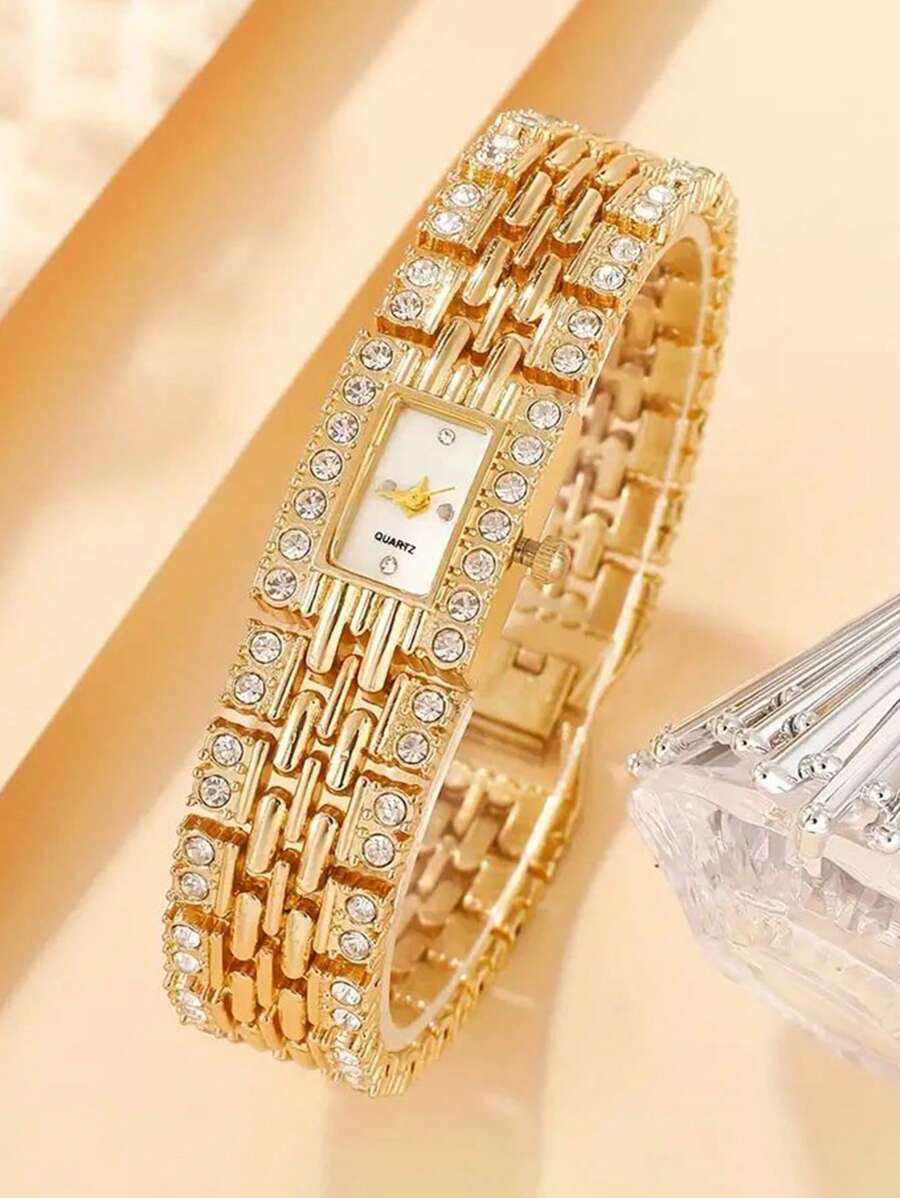 腕時計 レディース クォーツ 1セット エレガントな女性用ゴールドトーン ジンクメタル合金 ラインストーンダイヤル クォーツ腕時計拍卖