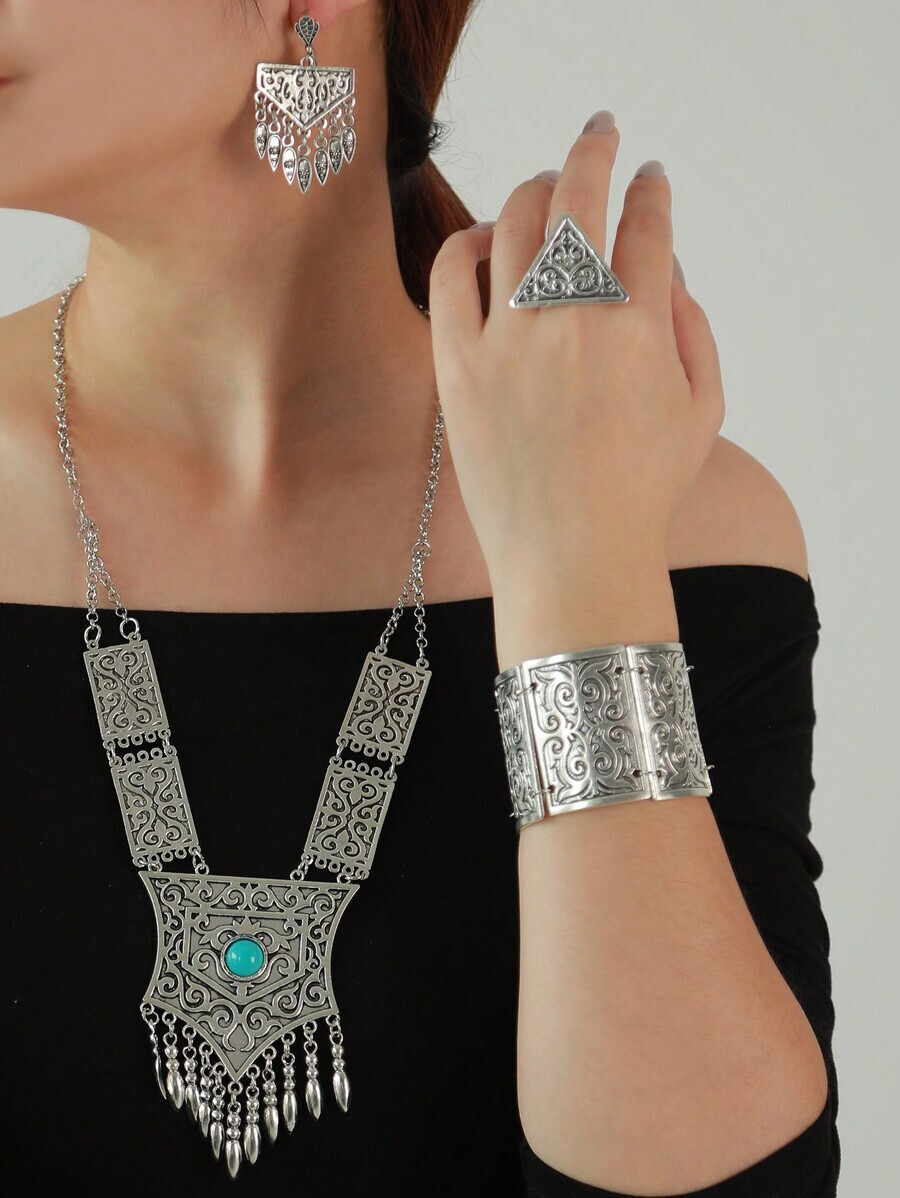 ジュエリー レディース セット ブレスレット イヤリング ピアス ネックレス リング ターコイズ 付き ボヘミアンスタイル バケー拍卖