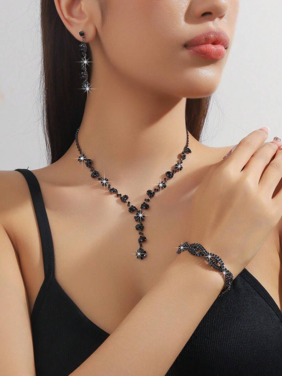 ジュエリー レディース セット 4点セット エレガントなファッションジュエリーセット、ネックレス、ピアス、ブレスレットがラインスト拍卖