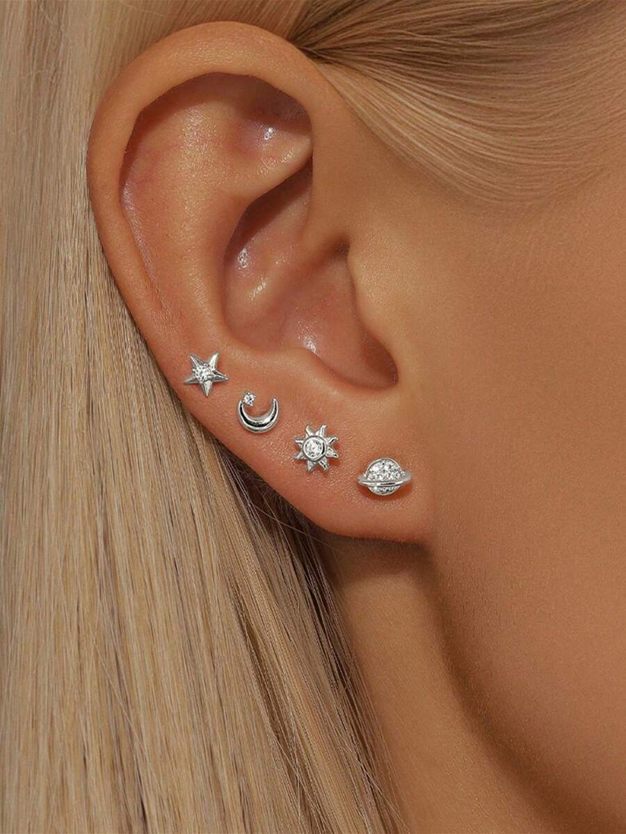 ジュエリー レディース イヤーアクセサリー 4個セット スター ムーン 925スターリングシルバー ヒポアレルジック ピアス レデ拍卖