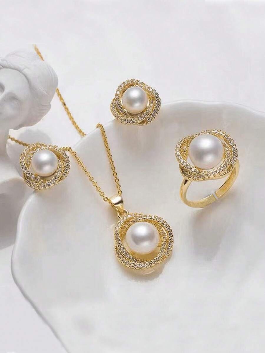 ジュエリー レディース セット 4点セット ステンレスジュエリー セット ネックレス、ピアス、リング、ビンテージエレガントフェイク拍卖